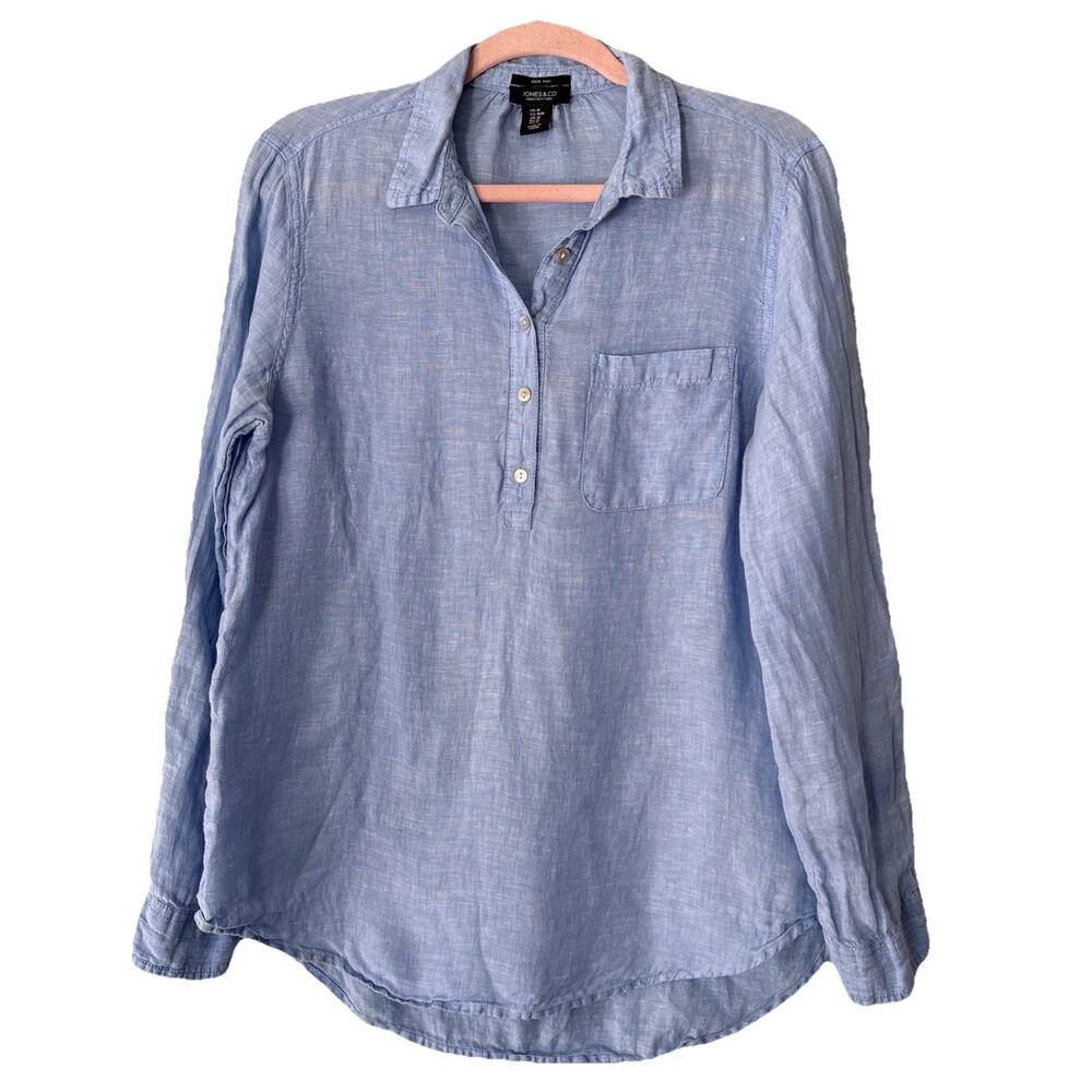 Jones & Co Popover Tunic Shirt 100% Linen Wm’s M Blue Roll Tab Sleeve Coastal